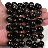 Brins de perles d'obsidienne à reflet argenté naturel, facettées, rondes — Perles à bijoux