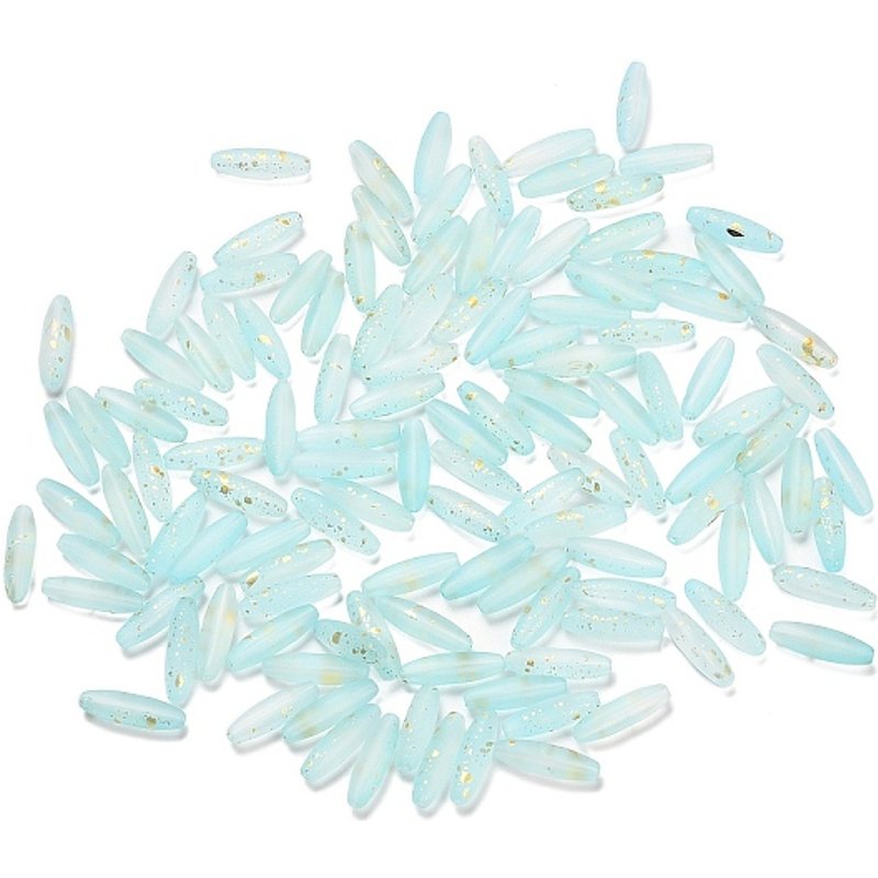 Perles de verre givré en forme de riz avec feuille d'or, cyan clair, 21.5x6.5mm — Perles à bijoux