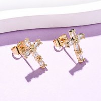 Brass Micro Pave Clear Cubic Zirconia Cross Stud Earrings — Costume Jewelry