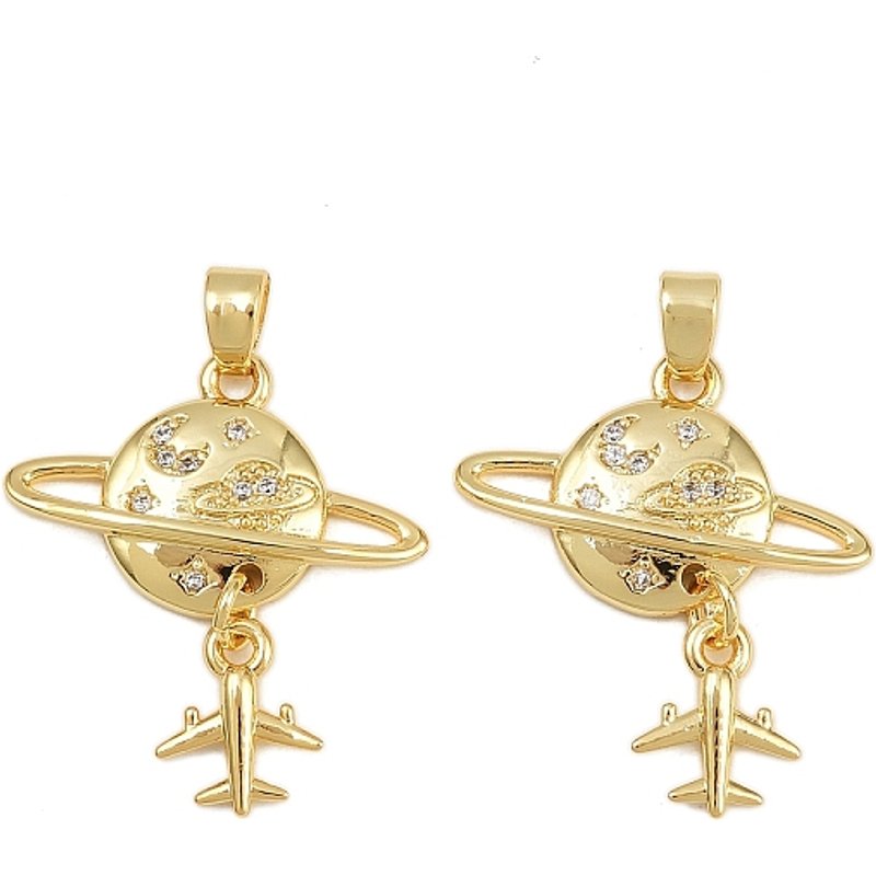 Brass Micro Pave Cubic Zirconia Airplane Pendant, 16K Gold Plated