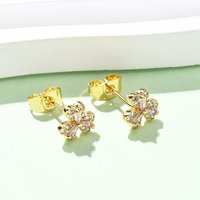 Brass Micro Pave Cubic Zirconia Flower Stud Earrings, 16K Gold Plated — Costume Jewelry