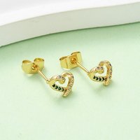 Brass Micro Pave Cubic Zirconia Heart Stud Earrings, 16K Gold Plated — Costume Jewelry