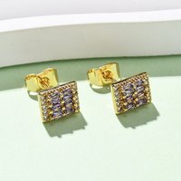 Brass Micro Pave Cubic Zirconia Rectangle Stud Earrings, 16K Gold Plated