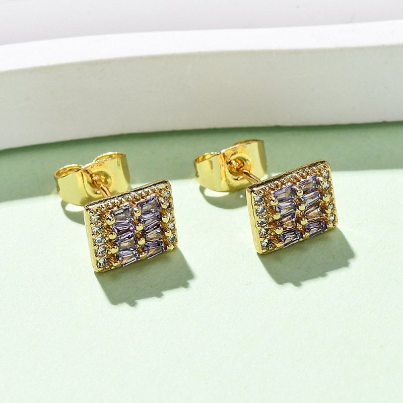 Brass Micro Pave Cubic Zirconia Rectangle Stud Earrings, 16K Gold Plated — Costume Jewelry
