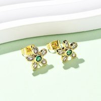 Brass Micro Pave Cubic Zirconia Flower Stud Earrings, 16K Gold Plated — Costume Jewelry