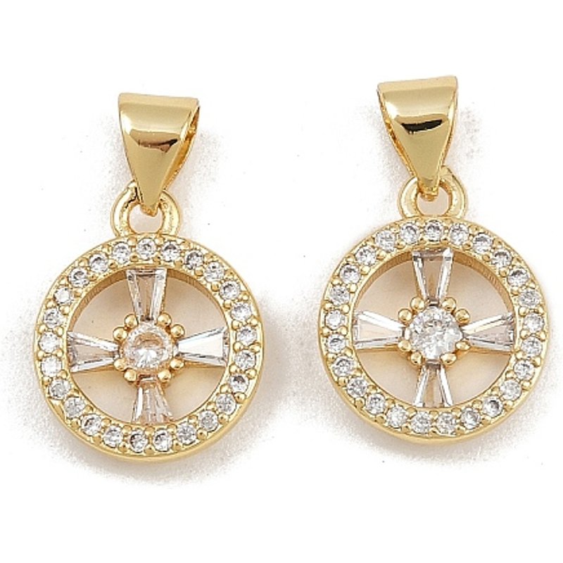 Brass Micro Pave Cubic Zirconia Charms, Flat Round, 16K Gold Plated — Charms & Pendants