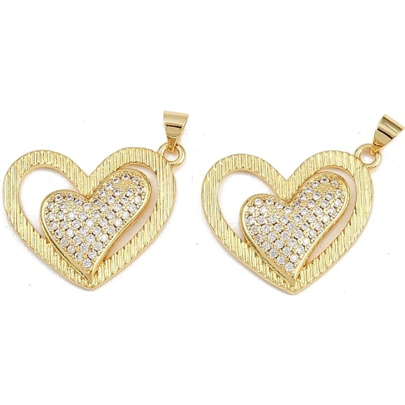 Brass Micro Pave Cubic Zirconia Heart Pendants, 16K Gold Plated — Charms & Pendants