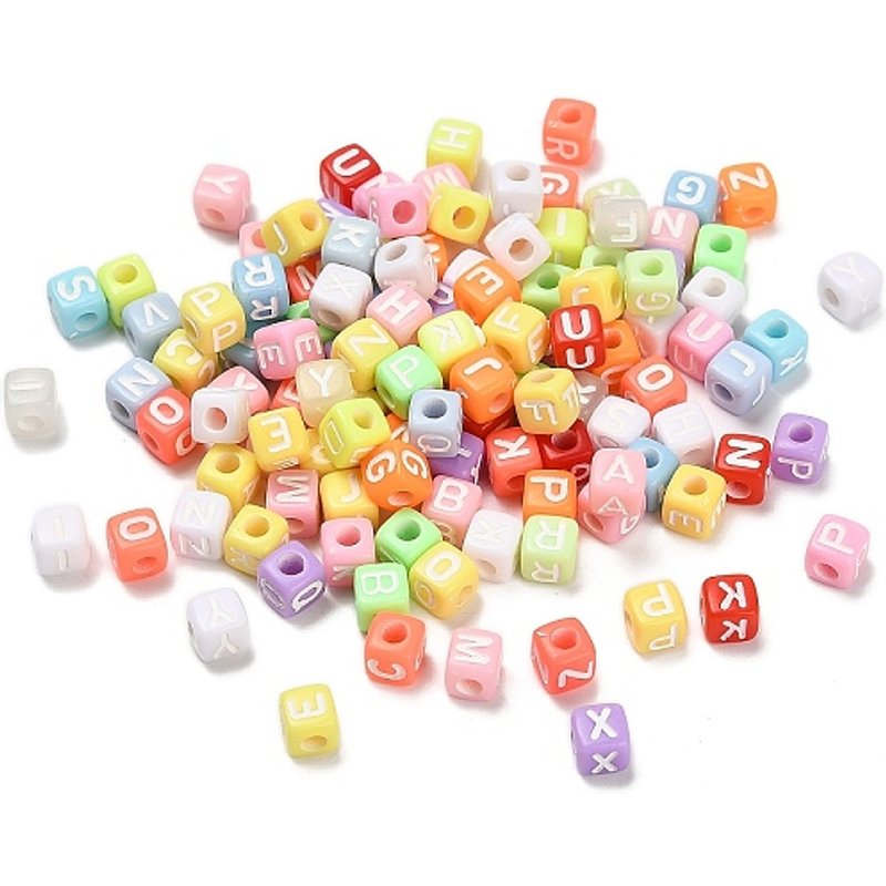 Spray Painted Opaque Acrylic Cube Beads with Letter, Mixed Colors — Jewelry Beads