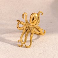 304 Stainless Steel Octopus Cuff Rings for Women, 18K Gold Plated