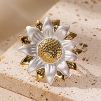 304 Stainless Steel Open Cuff Ring for Women with Enamel Flower