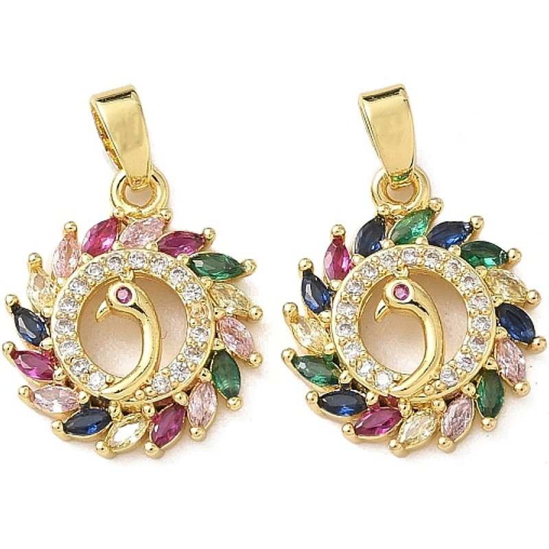 Brass Micro Pave Cubic Zirconia Flat Round Pendant with Peacock — Charms & Pendants