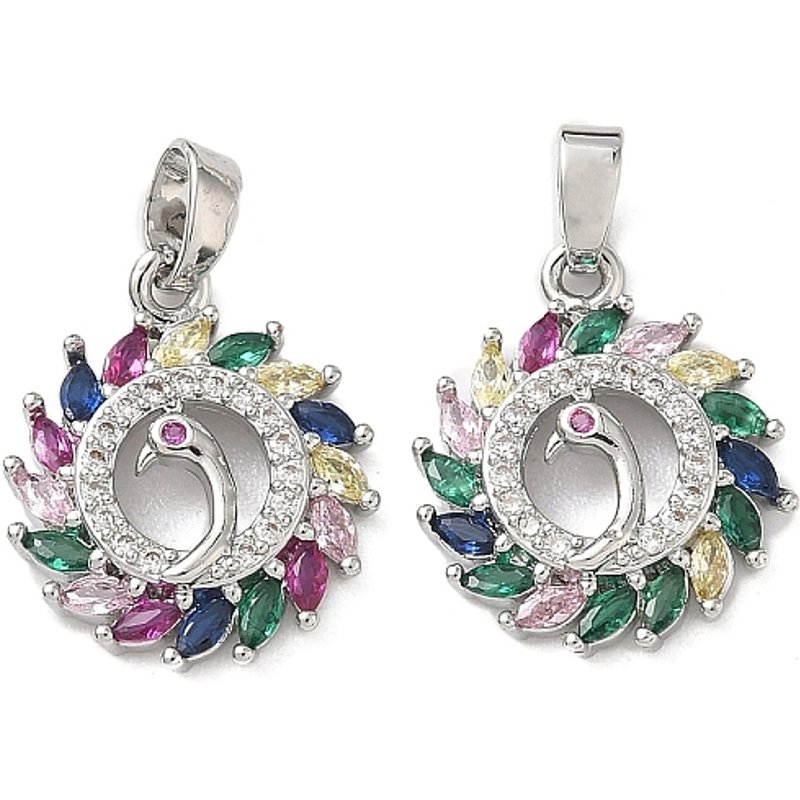Brass Micro Pave Cubic Zirconia Flat Round Pendant with Peacock — Charms & Pendants