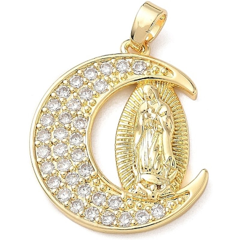 Brass Micro Pave Cubic Zirconia Pendant, Moon with Virgin Mary — Charms & Pendants