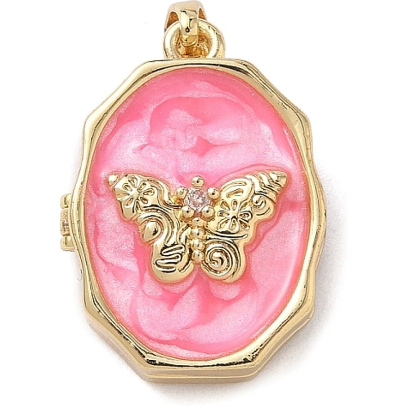 Pendentif Locket Ovale en Émail avec Papillon, Plaqué Or 18K, Rose Foncé — Breloques et pendentifs