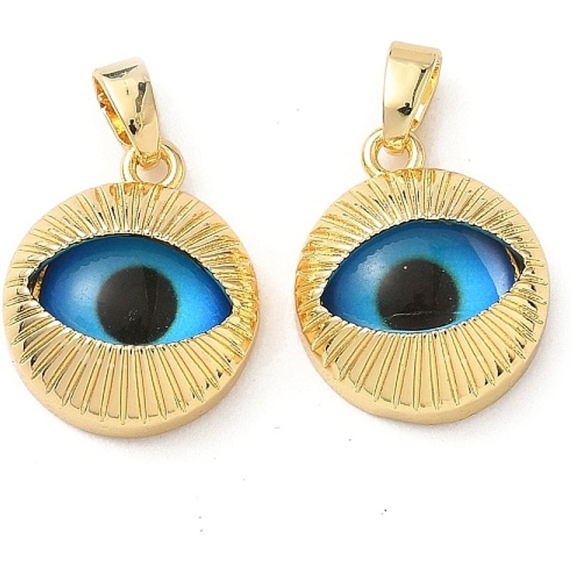 Pendants en verre de laiton, ronds plats avec œil, plaqué or 18K — Breloques et pendentifs