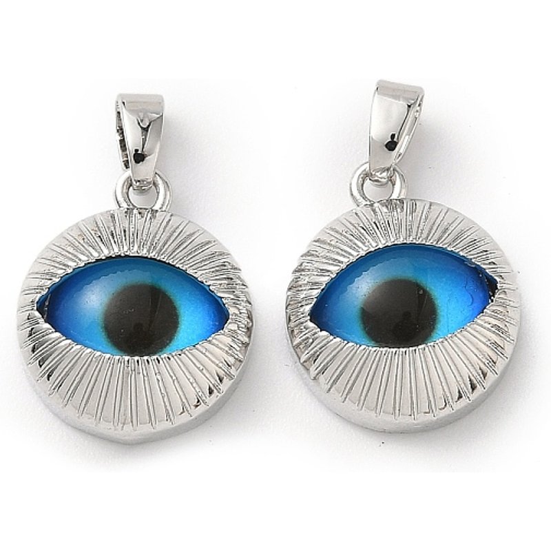 Brass Glass Flat Round Pendants with Eye, Platinum, 16x13x5.5mm — Charms & Pendants