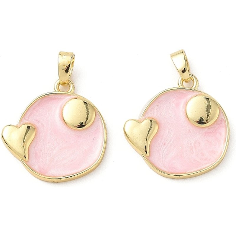 Pendentif en Émail de Laiton, Plaqué Or 18K, Rond Plat avec Cœur, Rose — Breloques et pendentifs
