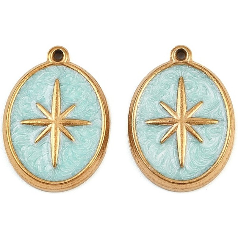 Pendentif ovale en acier inoxydable 304 émaillé avec étoile, vert — Breloques et pendentifs