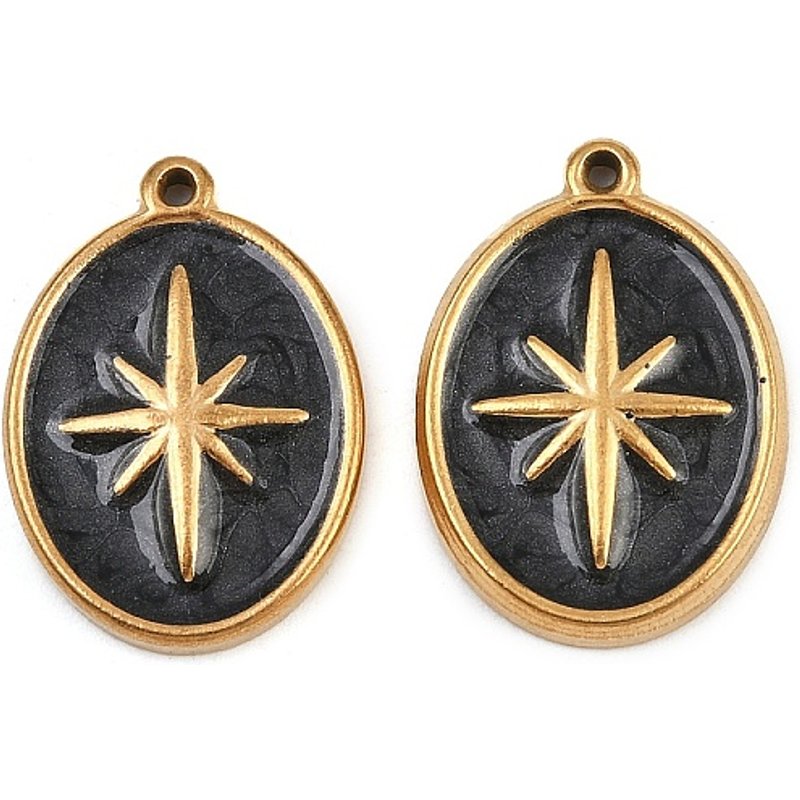 Pendentif Ovale en Acier Inoxydable 304 Émaillé avec Étoile, Plaqué Or — Breloques et pendentifs