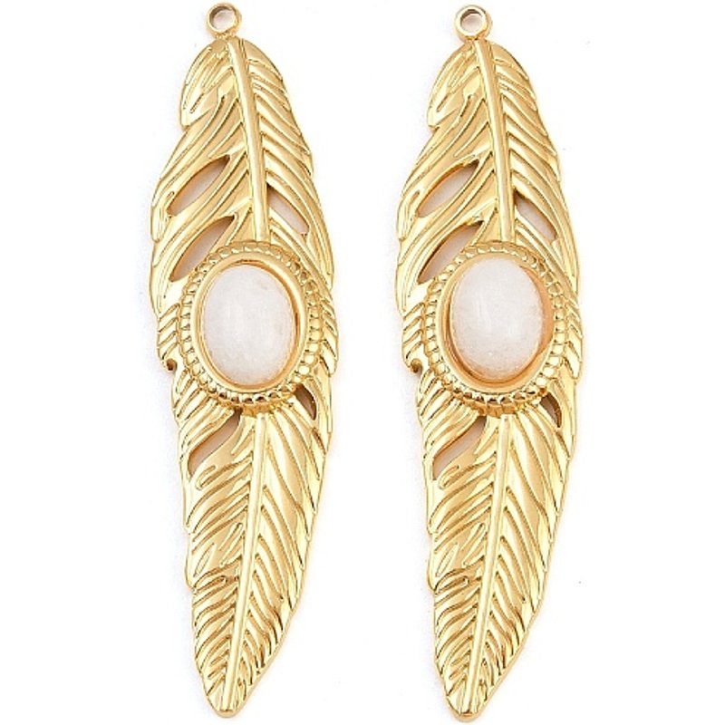 Dyed Natural White Jade Feather Charms with Stainless Steel Settings — Charms & Pendants