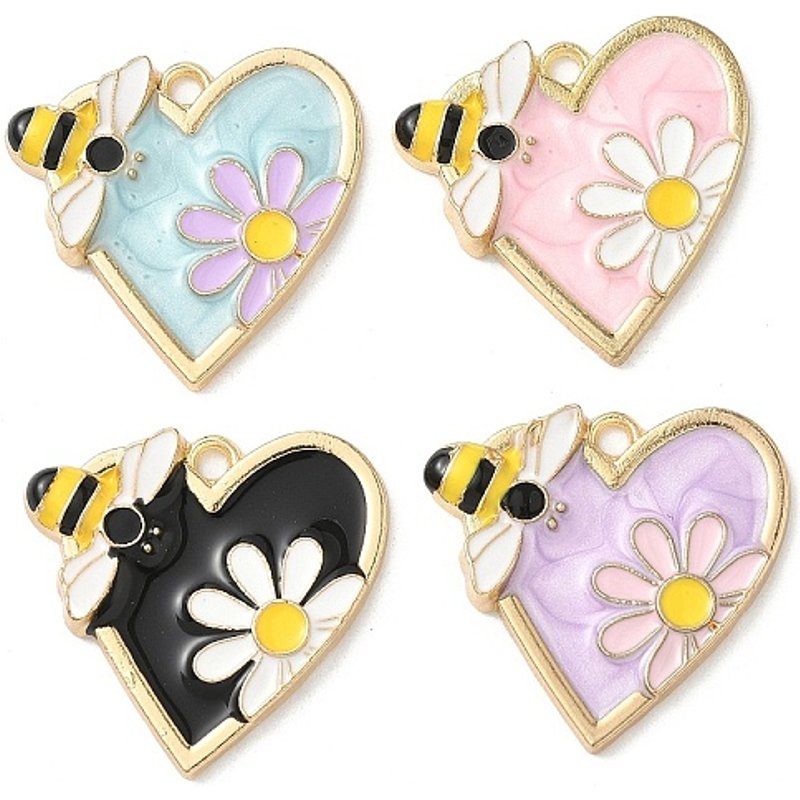 Pendentif en Émail Alliage Doré Clair avec Cœur, Fleurs et Abeilles — Breloques et pendentifs