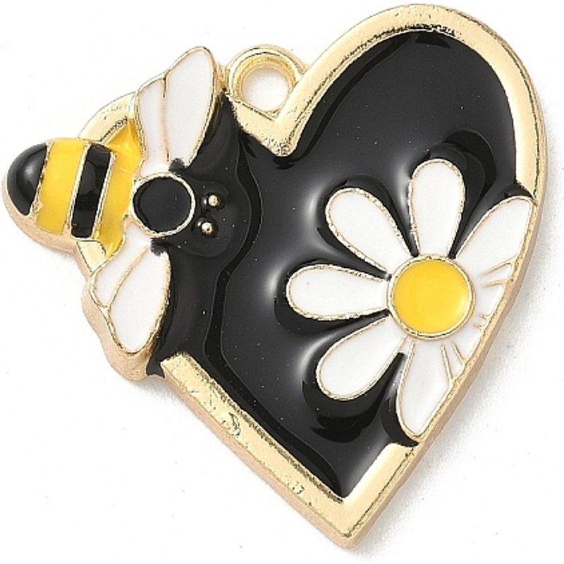Pendentif en Émail en Alliage en Forme de Cœur avec Fleurs et Abeilles, Or Clair — Breloques et pendentifs