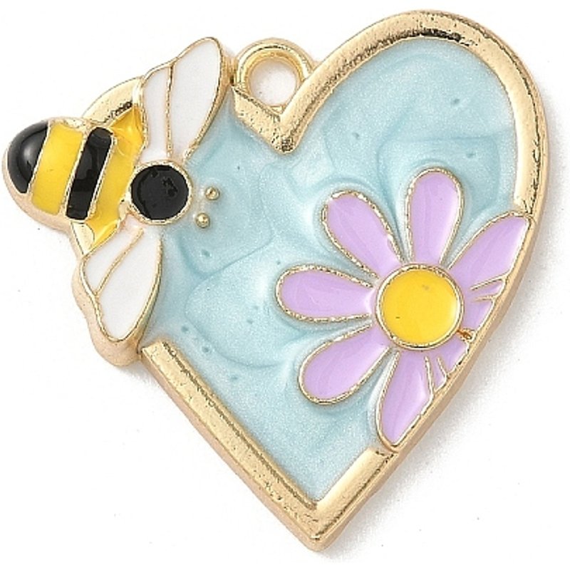 Pendentif en Émail Alliage Or Clair avec Cœur, Fleurs et Abeilles — Breloques et pendentifs