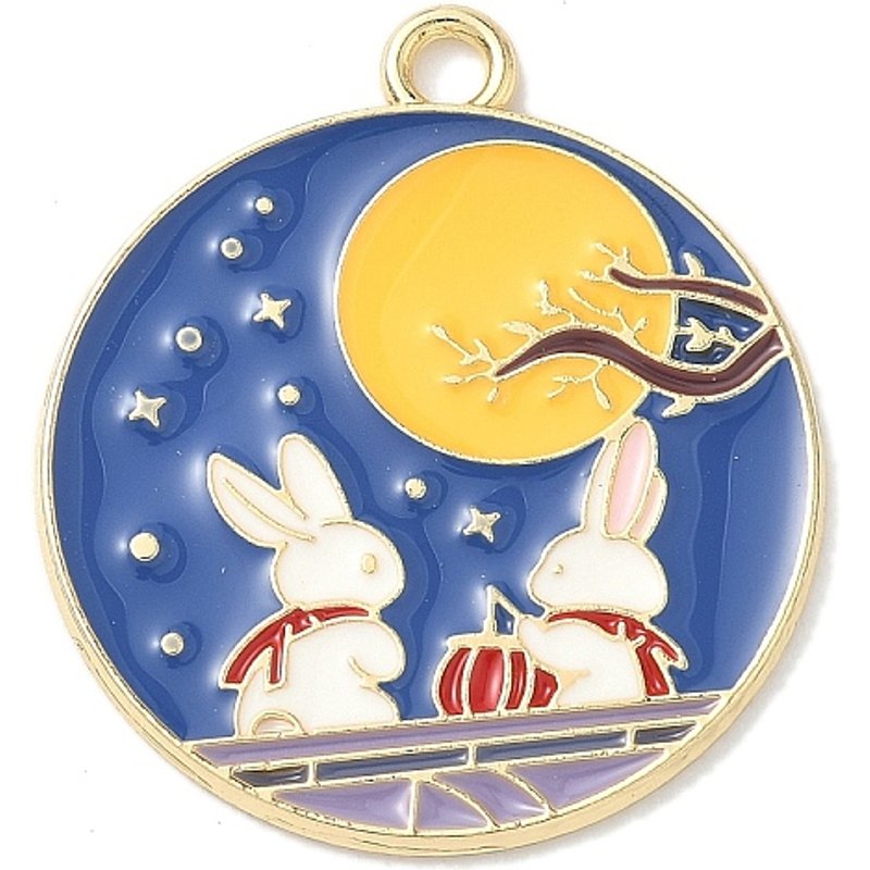 Pendentif rond plat en émail allié avec lapin en or léger — Breloques et pendentifs