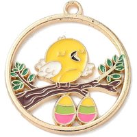 Pendentif en Émail Alliage Rond Plat avec Oiseau en Or Clair
