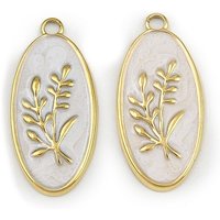 304 Stainless Steel Enamel Oval Flower Charms, 18K Gold Plated