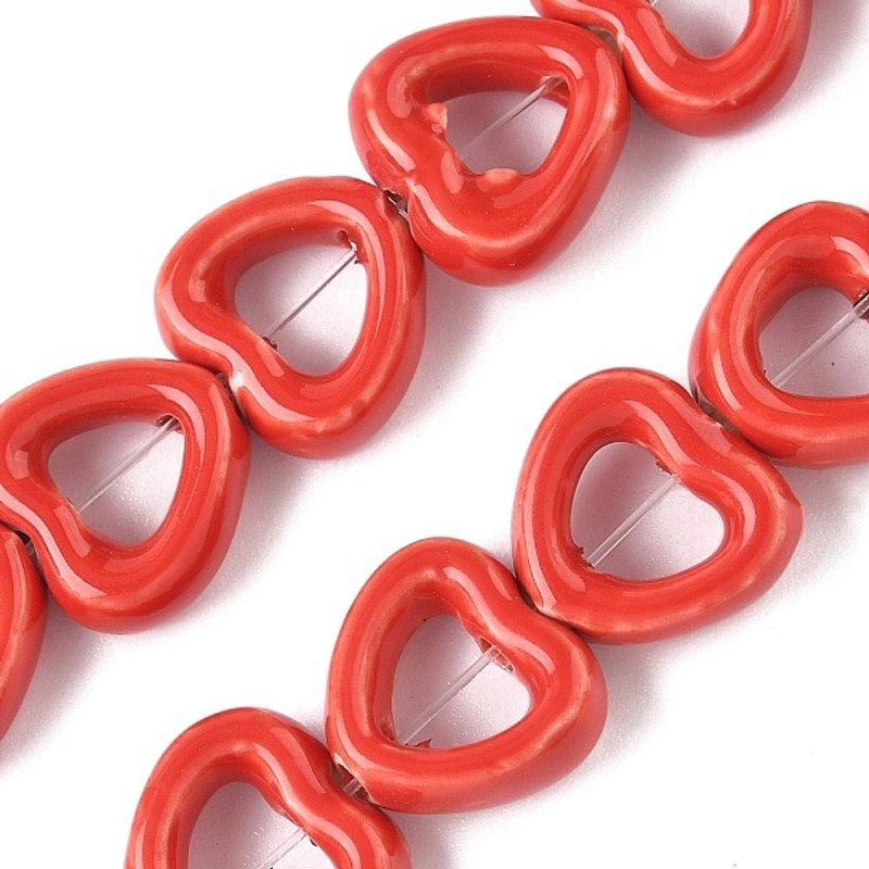 Brins de Perles en Porcelaine Fait Main, Cœur, Rouge, 25pcs/brin — Perles à bijoux