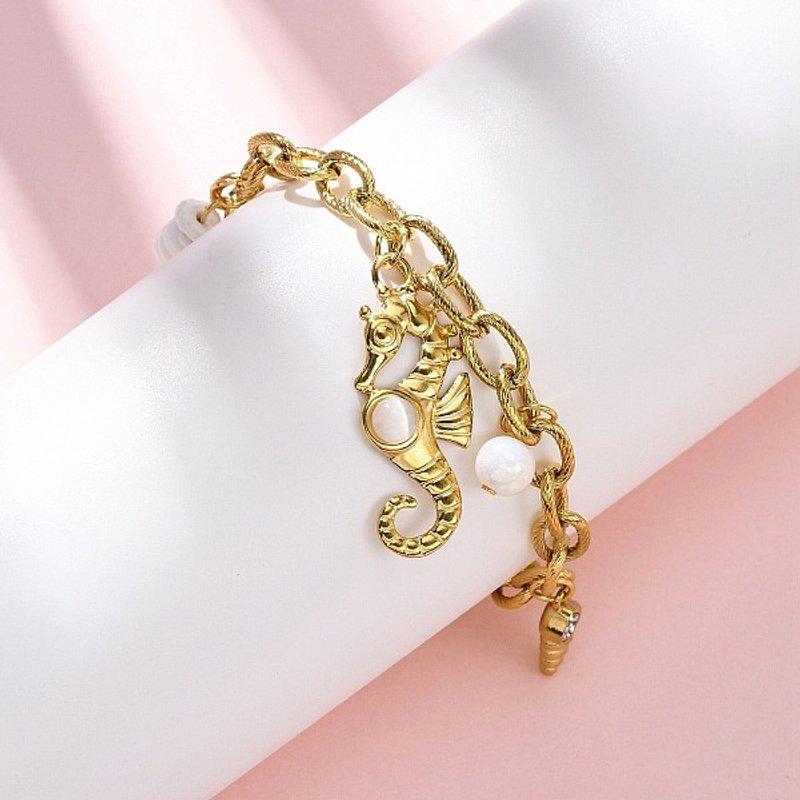 Bracelet en Acier Inoxydable 304 avec Charms en Rhinestones et Hippocampe — Bracelet Femme