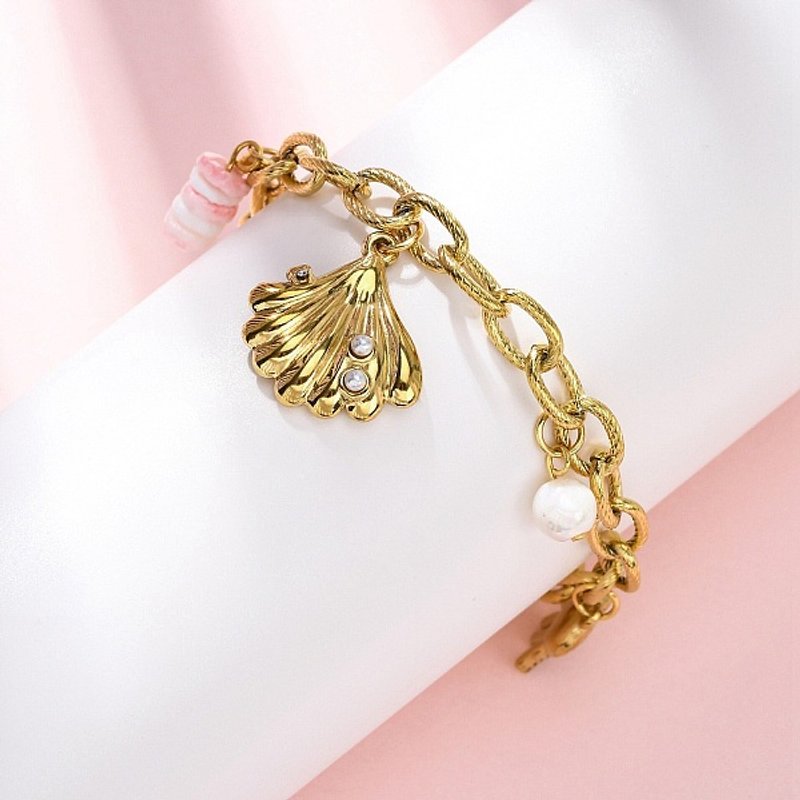 Bracelet en chaîne en acier inoxydable 304 avec charme en coquillage et perle — Bracelet Femme