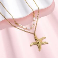 Starfish Double Layer Pendant Necklace with Shell and Gold Plating — Pendant Necklace