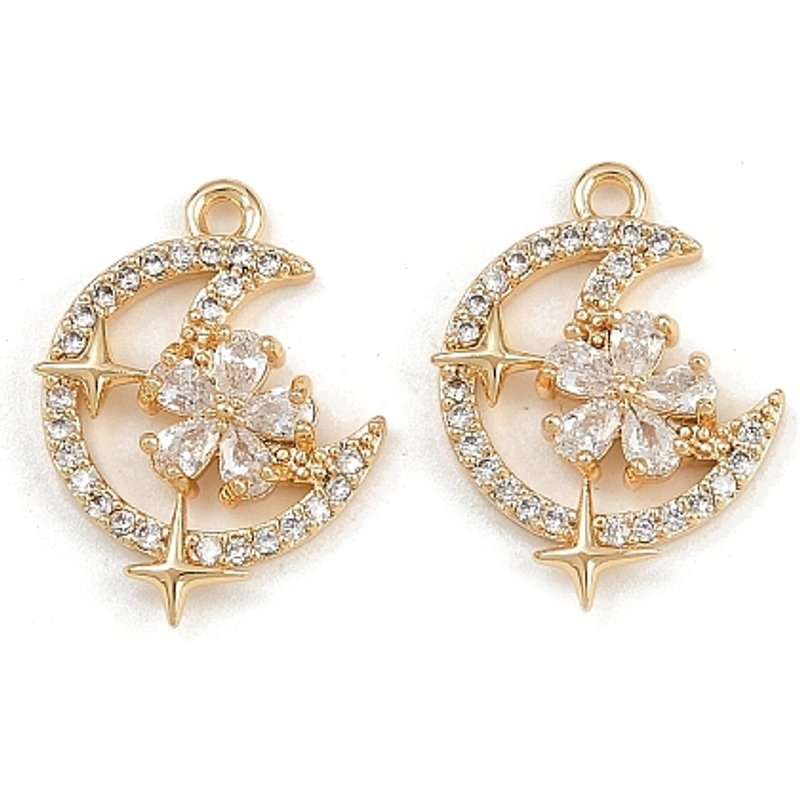 Brass Micro Pave Cubic Zirconia Moon with Flower Pendant — Charms & Pendants