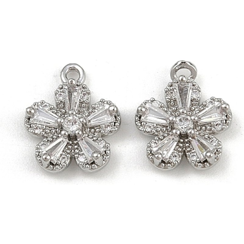 Brass Micro Pave Cubic Zirconia Flower Charms, Platinum Finish — Charms & Pendants