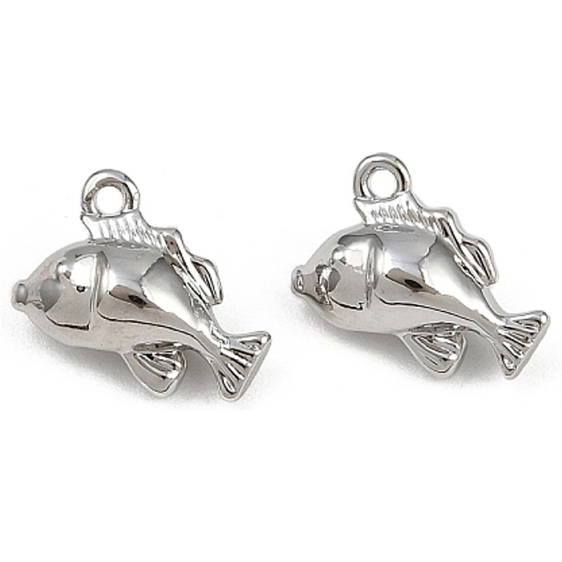 Pendentifs en laiton, Charms de poisson, Fini platine, 9x11x5mm — Breloques et pendentifs