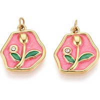 Pendentif en acier inoxydable 304 avec cristaux et émail - Rose vif