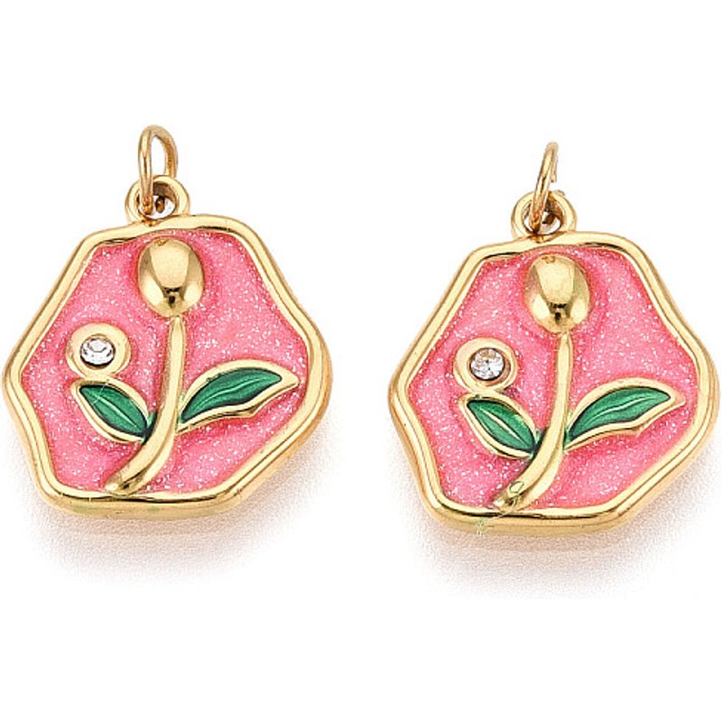 Pendentif en acier inoxydable 304 avec cristaux et émail - Rose vif — Breloques et pendentifs