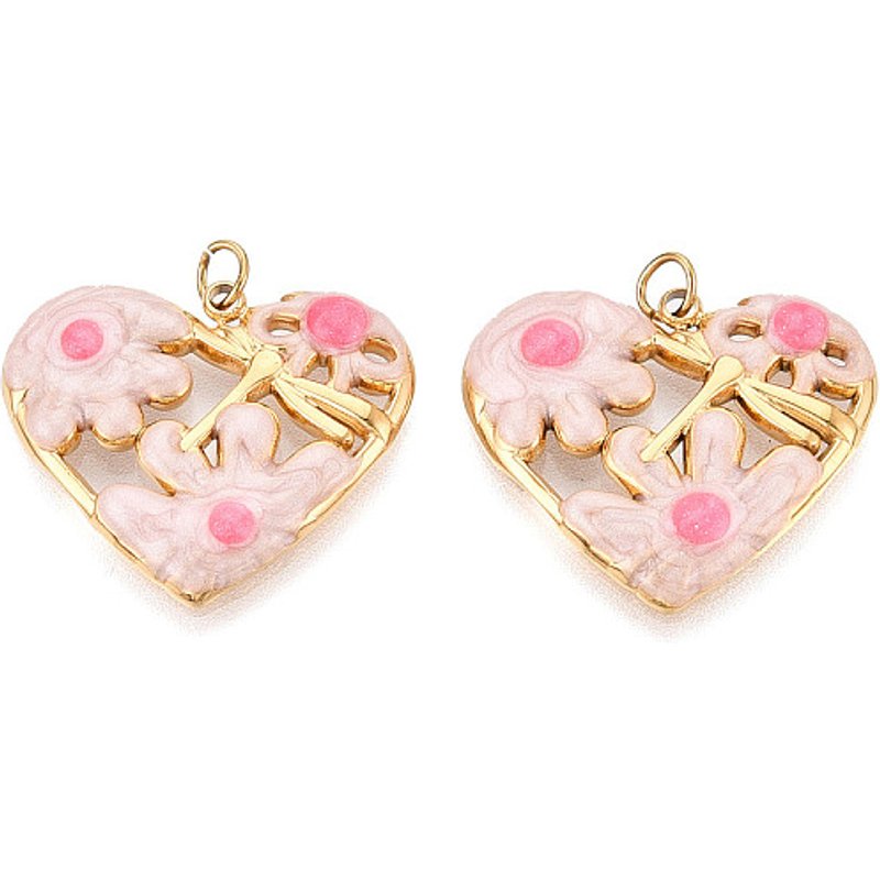 Pendentif en Acier Inoxydable 304 en Émail, Cœur avec Fleur, Plaqué Or 18K — Breloques et pendentifs