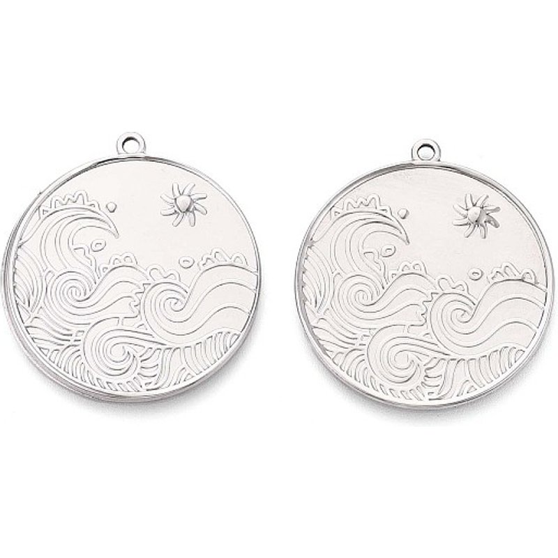 304 Stainless Steel Flat Round Pendant with Sun & Wave Charm — Charms & Pendants