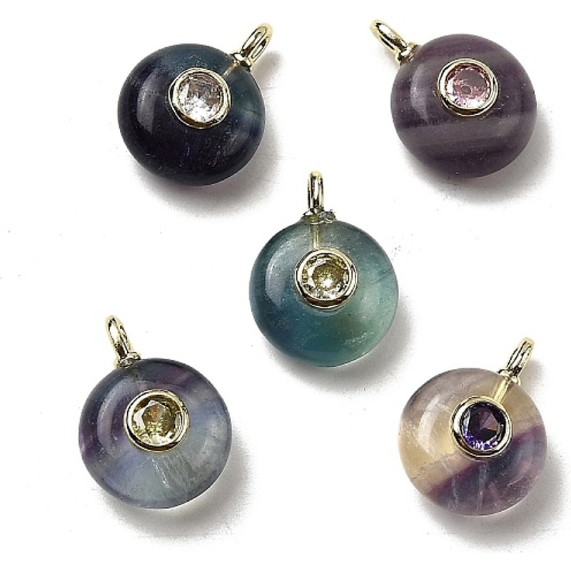 Natural Fluorite Flat Round Pendants with Brass Findings — Charms & Pendants