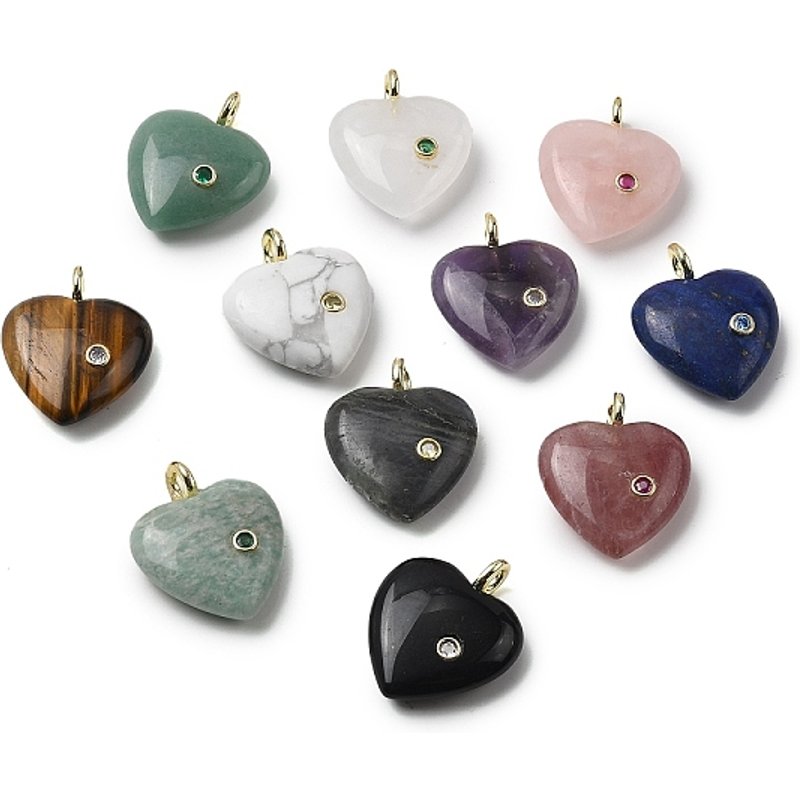 Natural Mixed Gemstone Heart Charms with Brass Findings — Charms & Pendants