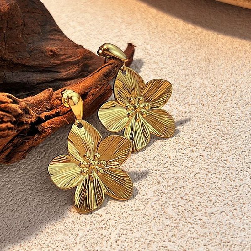 Boucles d'oreilles pendantes en acier inoxydable 304, fleur, dorées — Bijoux fantaisie