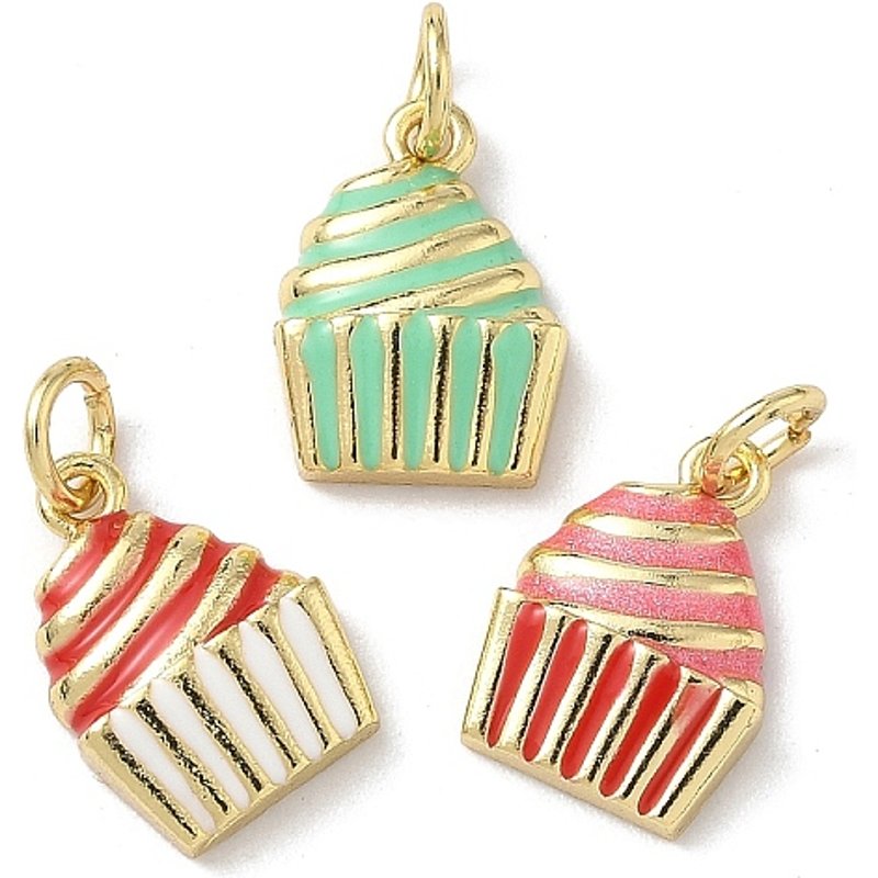 Charm en Émail en Laiton, Cupcake, Plaqué Or 18K avec Anneau — Breloques et pendentifs