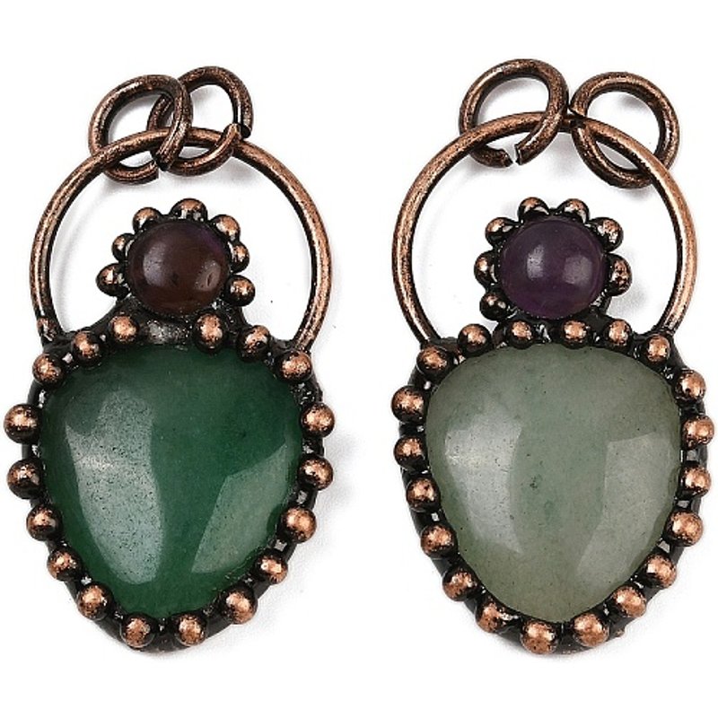 Natural Green Aventurine & Amethyst Teardrop Pendants with Brass Settings — Charms & Pendants