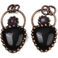 Natural Obsidian and Amethyst Teardrop Pendants with Brass Settings