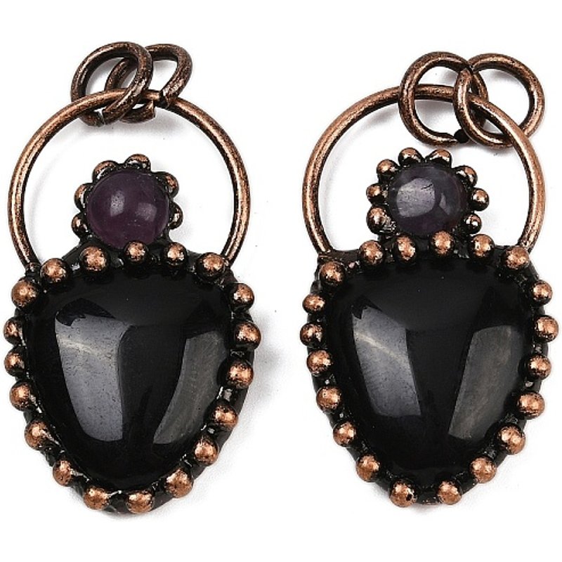 Natural Obsidian and Amethyst Teardrop Pendants with Brass Settings — Charms & Pendants