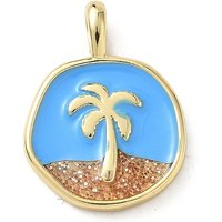 Pendentif en Émail de Laiton avec Arbre de Coco, Plaqué Or 18K, Bleu Ciel Profond