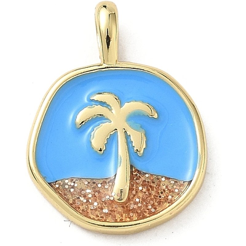 Pendentif en Émail de Laiton avec Arbre de Coco, Plaqué Or 18K, Bleu Ciel Profond — Breloques et pendentifs